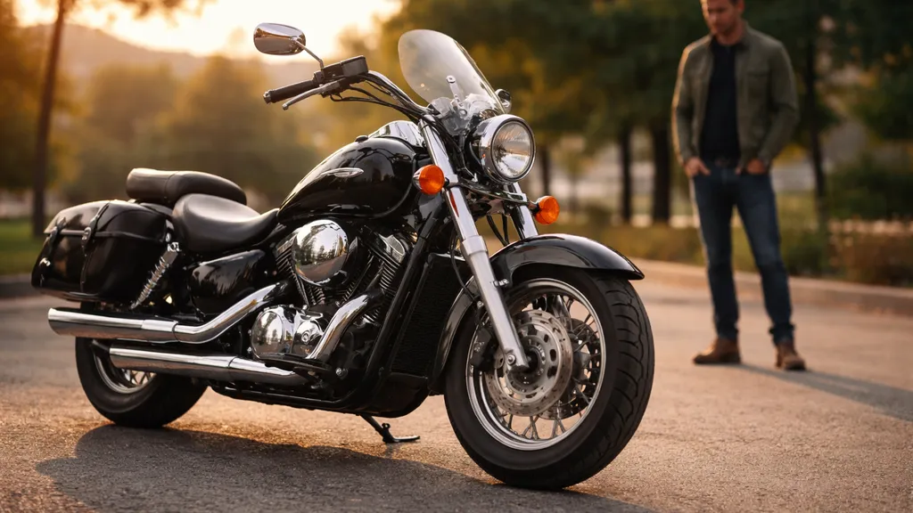 夕方の柔らかい光の下で、中古バイクの全体像を数歩離れて観察する購入希望者。バイクの外観や状態がわかる構図。