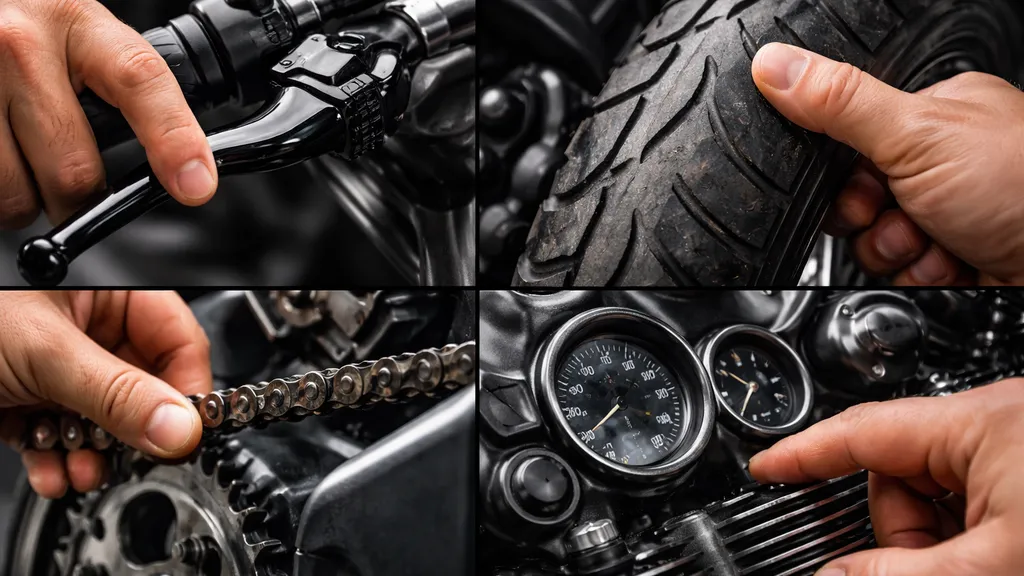 ブレーキレバー、タイヤの溝、チェーンの張り、メーター、エンジンフィンなどを手で詳しく点検しているクローズアップ写真。部品の状態がわかる描写。