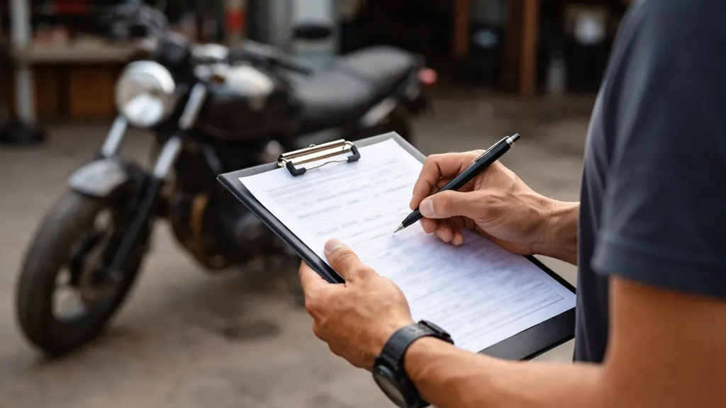 現場でクリップボードとペンを持ちながら中古バイクを点検する整備士または購入者。クリップボードの内容は判読できないよう処理されている。