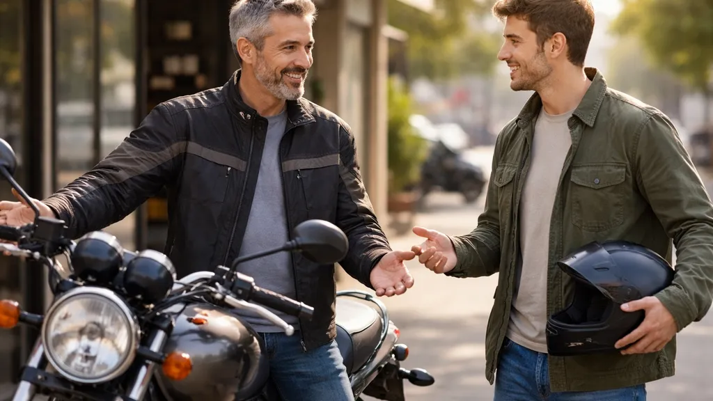 販売員または経験者が初めての購入者と中古バイクの横で親しげに話している様子。質問に答えるような和やかな雰囲気。