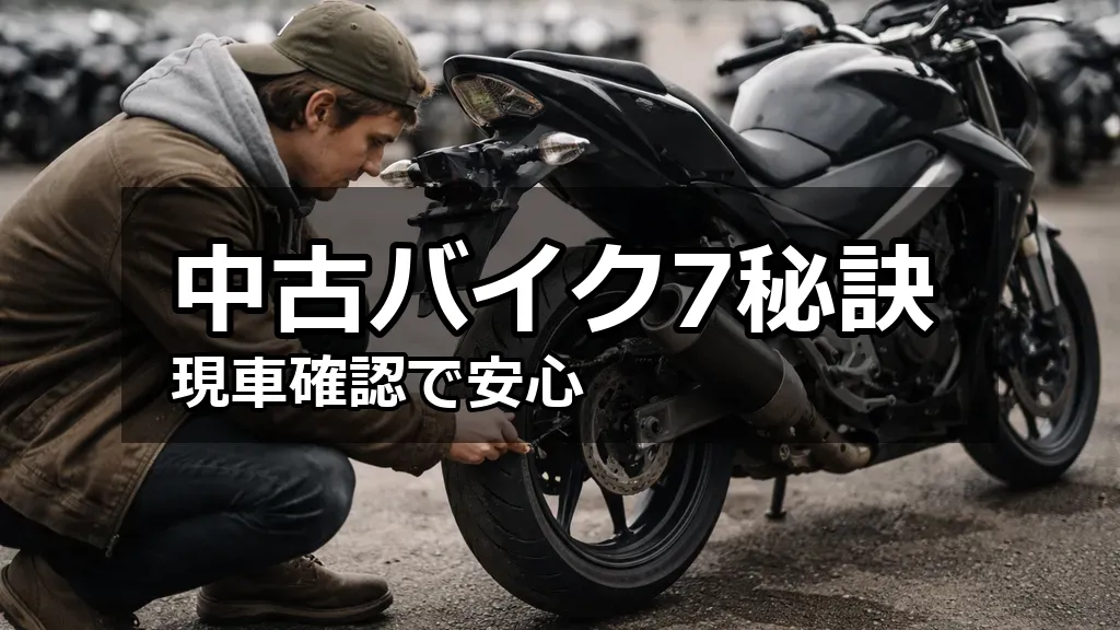 屋外の中古バイク販売場で、チェーンとタイヤを覗き込んで確認する初心者の検査風景。バイクが画面の中心にあり自然光で撮影された写真。