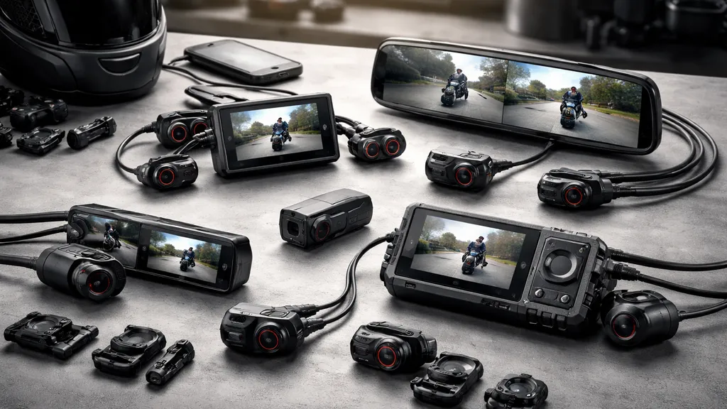 作業台に並んだ異なる形のバイク用ドライブレコーダー5台と周辺アクセサリの俯瞰写真