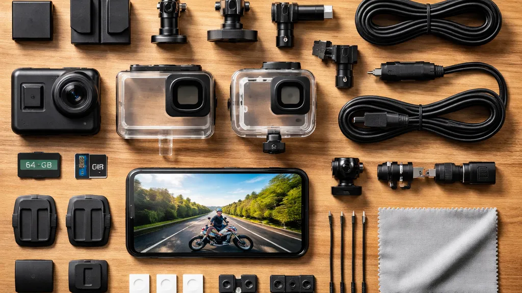 テーブルに並べられたmicroSDや予備バッテリー、マウントなどドライブレコーダーの付属アクセサリーのフラットレイ