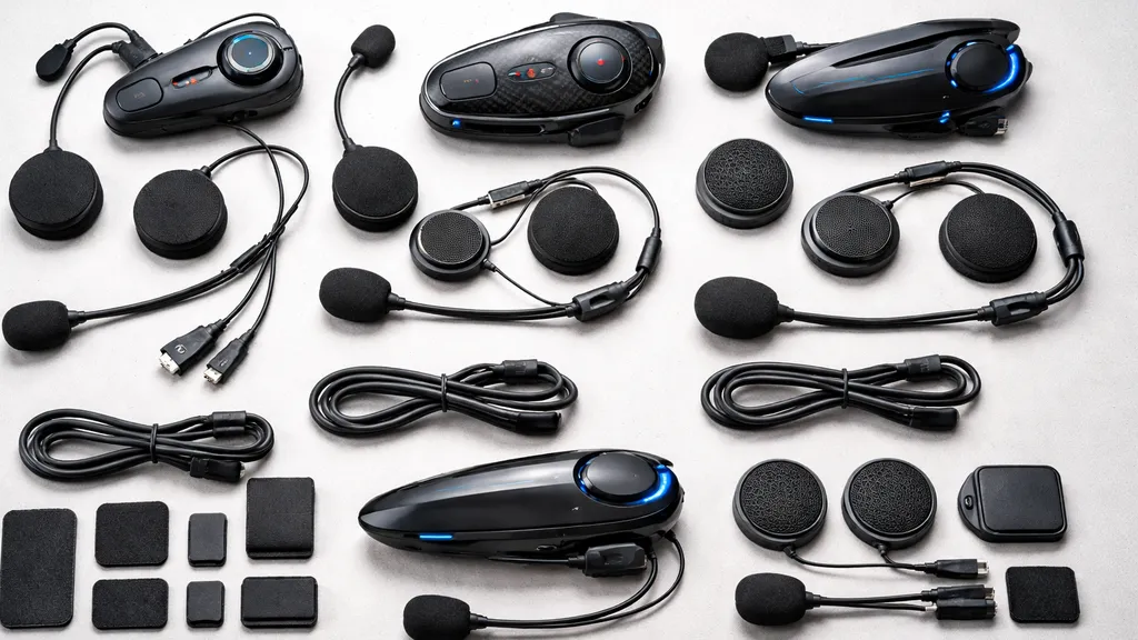 テーブル上に並べられた一般的なインカムとビーコム風ユニット、マイクやスピーカーパッド、充電ケーブルなどの付属品の俯瞰写真。