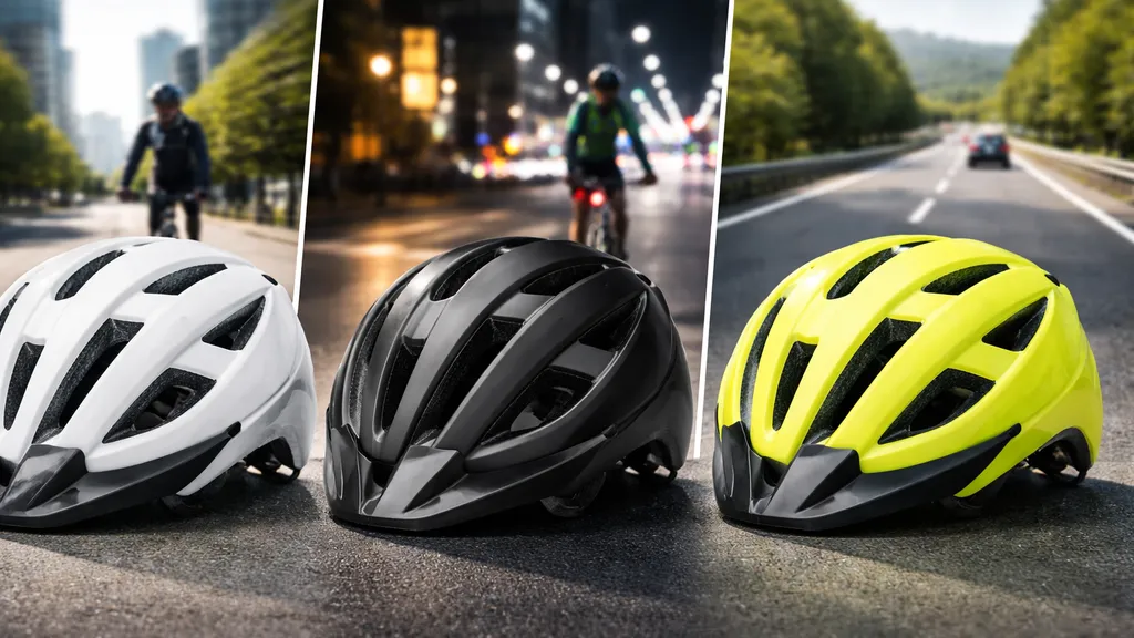 白、黒、ネオンイエローのヘルメットが並び、それぞれに対応する走行環境をぼかした背景で示した比較イメージ。