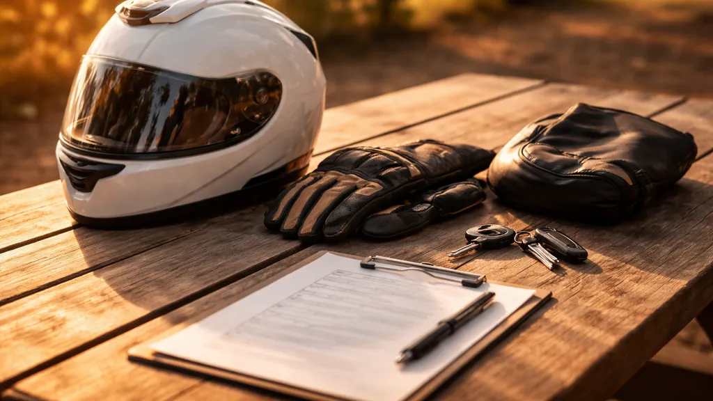 ヘルメットとグローブなどのライディングギアが並び、そばにぼかしたチェックリストが置かれた写真。まとめや準備を示す静かなシーン。
