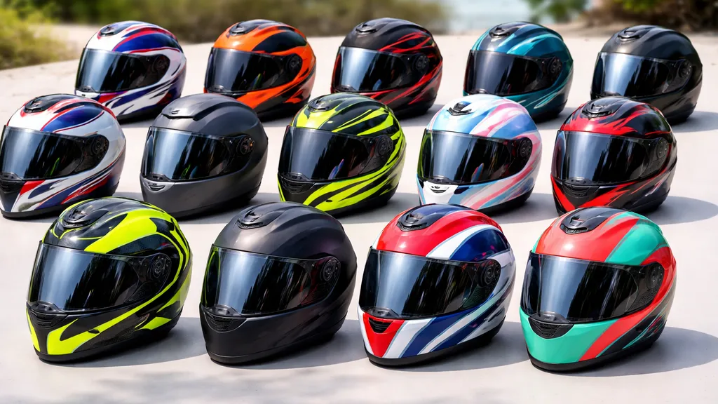 異なる色と仕上げのバイクヘルメットが横一列に並んだクローズアップ写真。自然光で柔らかく照らされ、背景はぼけている。