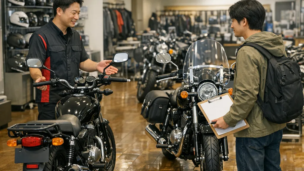 バイク店で125ccアメリカンを用途別（通勤向けとツーリング向け）に比較しながら選んでいる購入シーンのイメージ