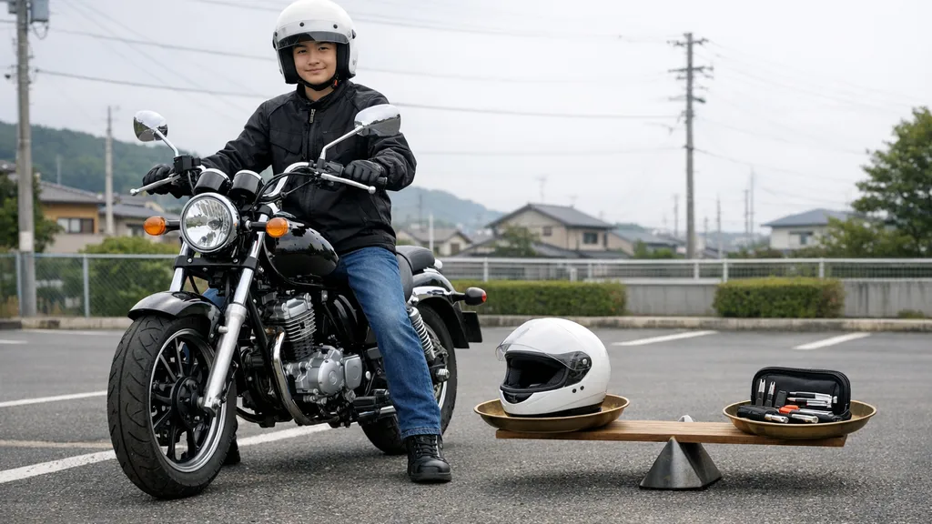 125ccアメリカンにまたがり両足がしっかり着いて安心している初心者と、軽さや維持のしやすさを連想させる小物を添えたイメージ