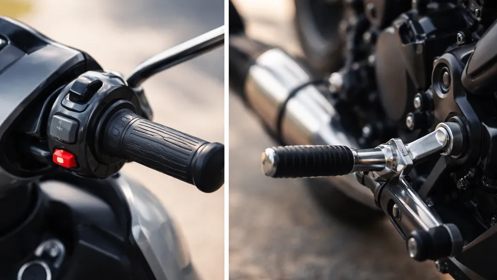 スクーターのハンドル（スロットル）とMTバイクのクラッチレバー・シフトペダルの比較クローズアップ。