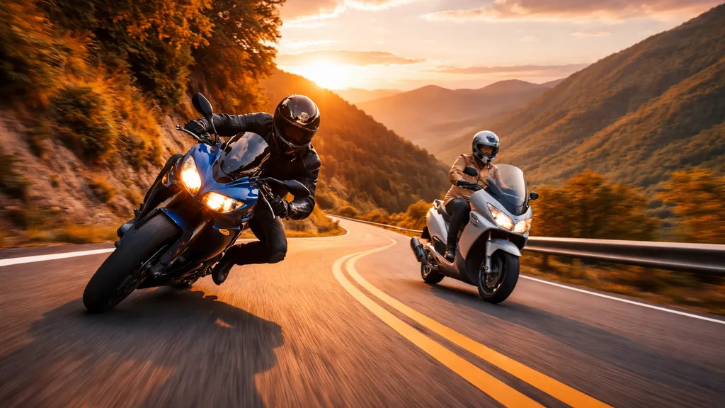 ワインディングを走るライダー、MTはコーナーを攻めATはリラックスして景色を楽しむ場面。