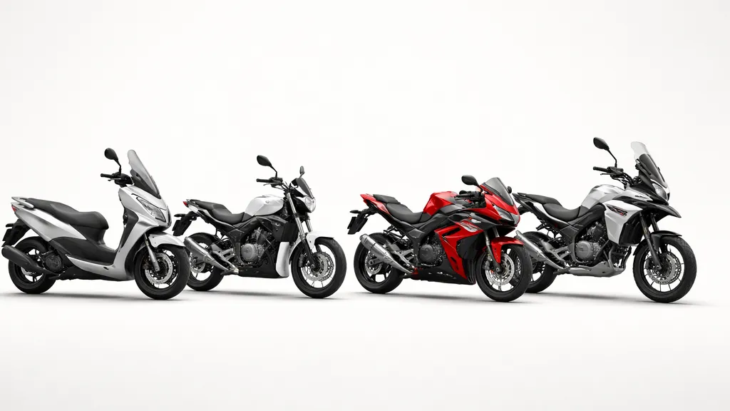 スクーター、通勤ネイキッド、スポーツ、アドベンチャーの4種類を横並びにした比較写真。