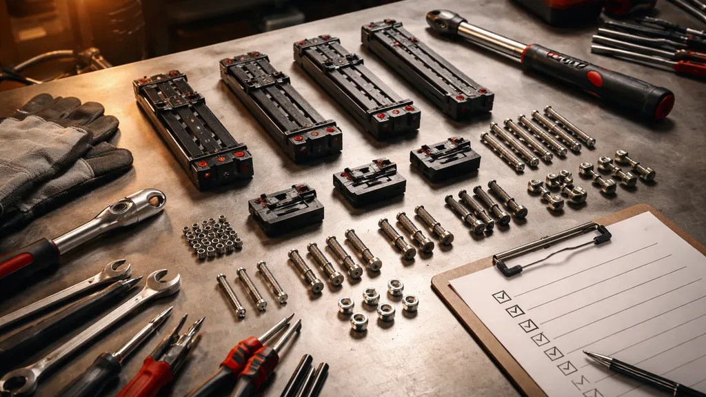 作業台に並べられたスライダーパーツと工具、チェック準備を示す俯瞰写真。