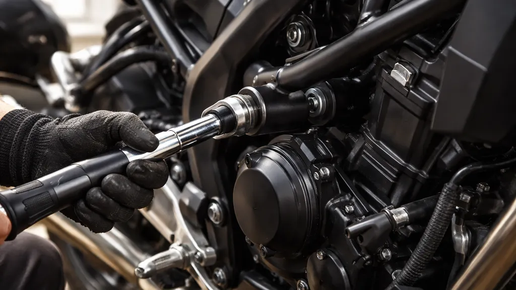 整備工がトルクレンチでスライダーをバイクに取り付けている手元のクローズアップ。