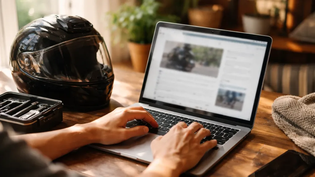 ノートパソコンでバイクの安全情報を調べる室内シーン。ヘルメットと工具がそばに置かれている。