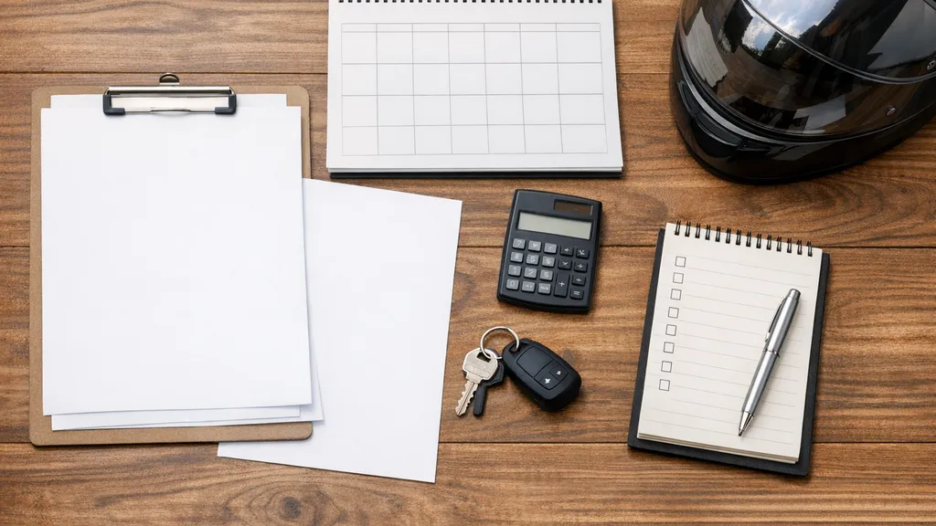 契約書類やカレンダー、電卓などを並べた俯瞰写真で、1ヶ月レンタル前に確認すべき前提を表現