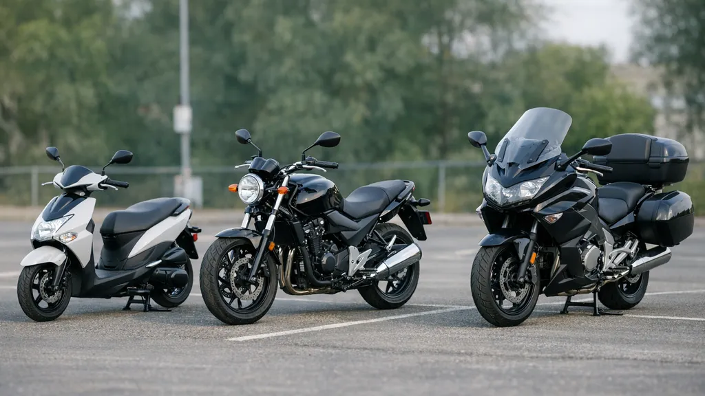 スクーター・標準バイク・ツーリング車の3台を並べ、用途別に最適な1ヶ月レンタルを選ぶイメージ