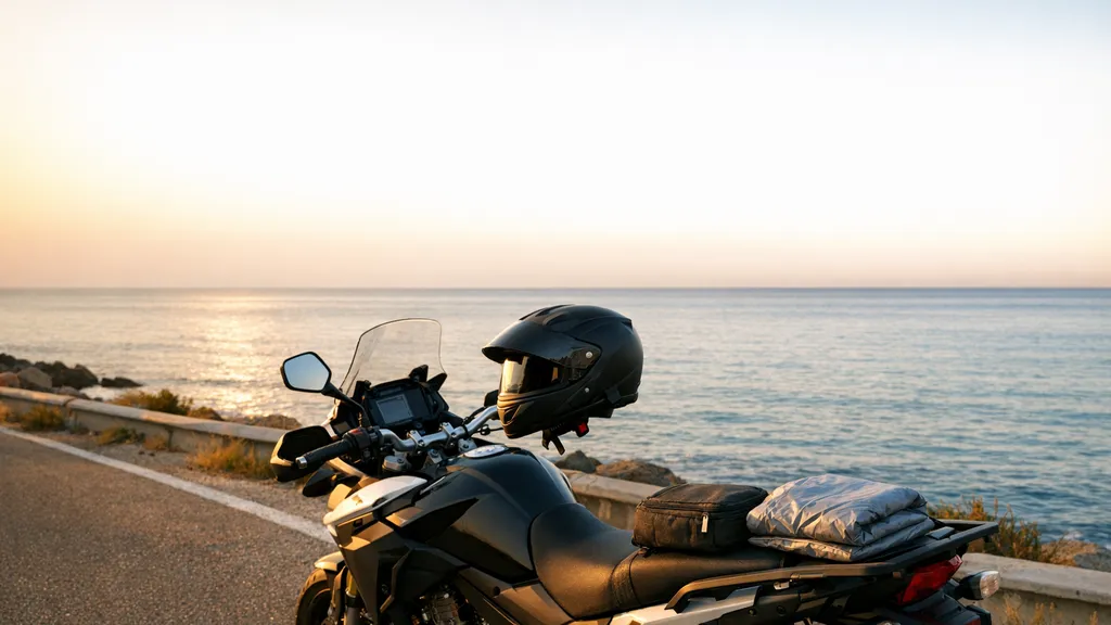 海沿いの道に停めたバイクと装備で、安くても安心して1ヶ月レンタルを活用する締めのイメージ