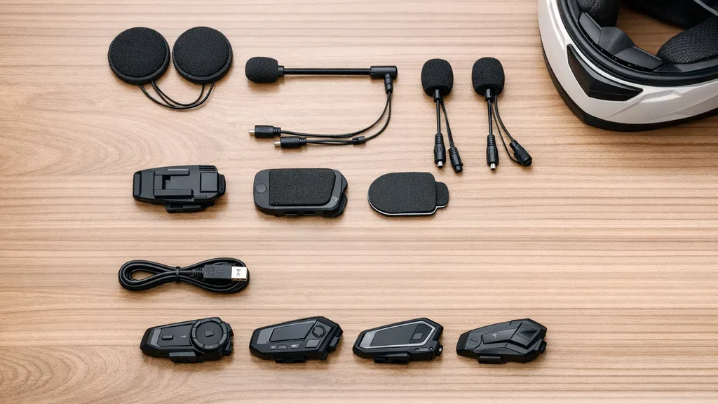 机の上に複数のインカムとマイク・スピーカー・取付金具を並べ、選ぶポイントを比較できる構図の写真