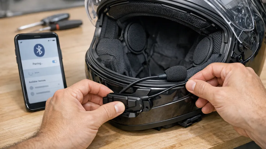 ヘルメットにインカムを取り付け、スピーカーやマイクを配線しながらスマホでペアリング設定を進めている写真