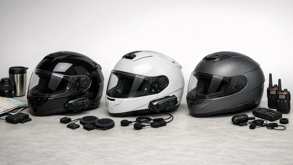 タイプの違うインカムを装着したヘルメットを3つ並べ、用途別の選び方を示すスタジオ写真