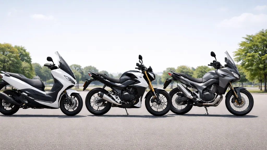 横並びで比較される複数の中型オートマバイク、スクーターやネイキッドなどが並ぶ写真。