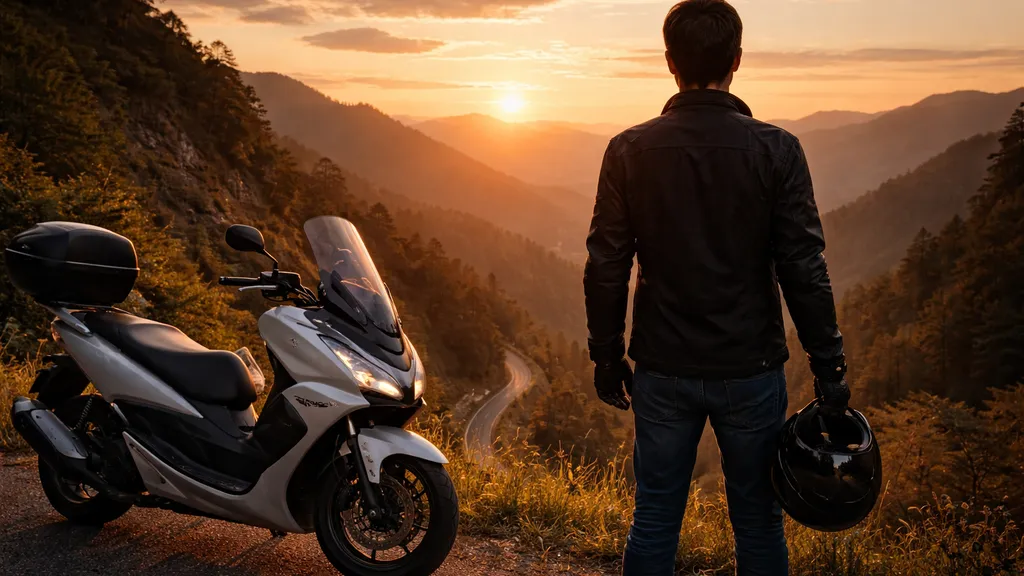 停車して景色を眺めるライダーと中型オートマバイクの背面ワイドショット、夕景。