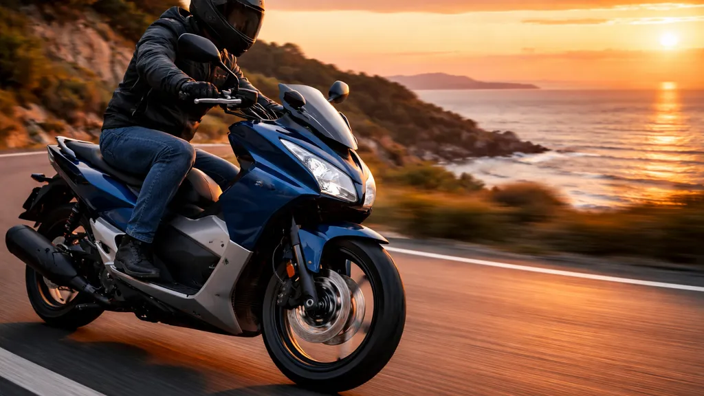 夕暮れの海沿いを走る中型オートマバイクの側面ワイドショット。