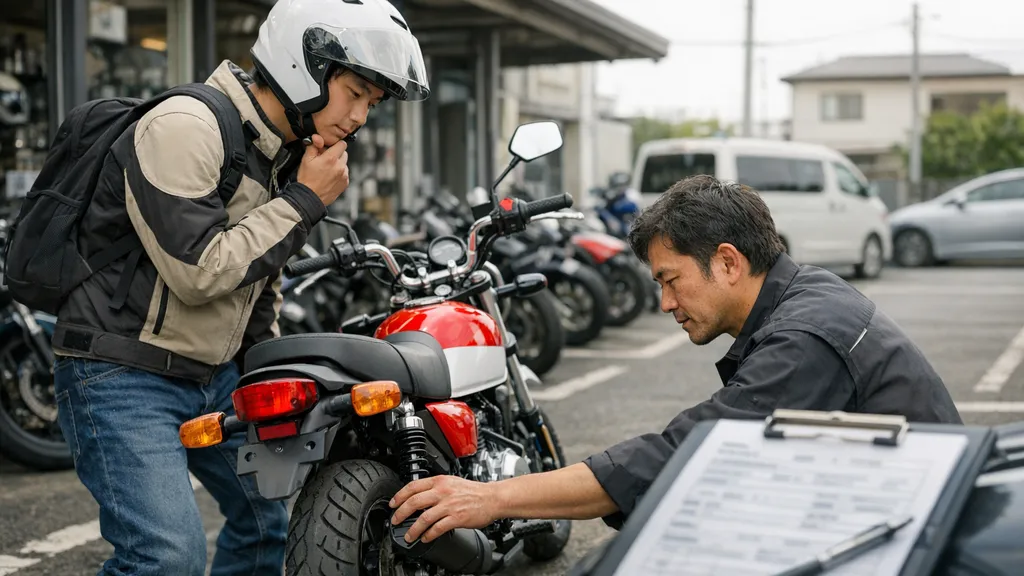 バイク店の近くで初心者が小型バイクの点検項目を確認し、購入前後の注意点をイメージできる場面