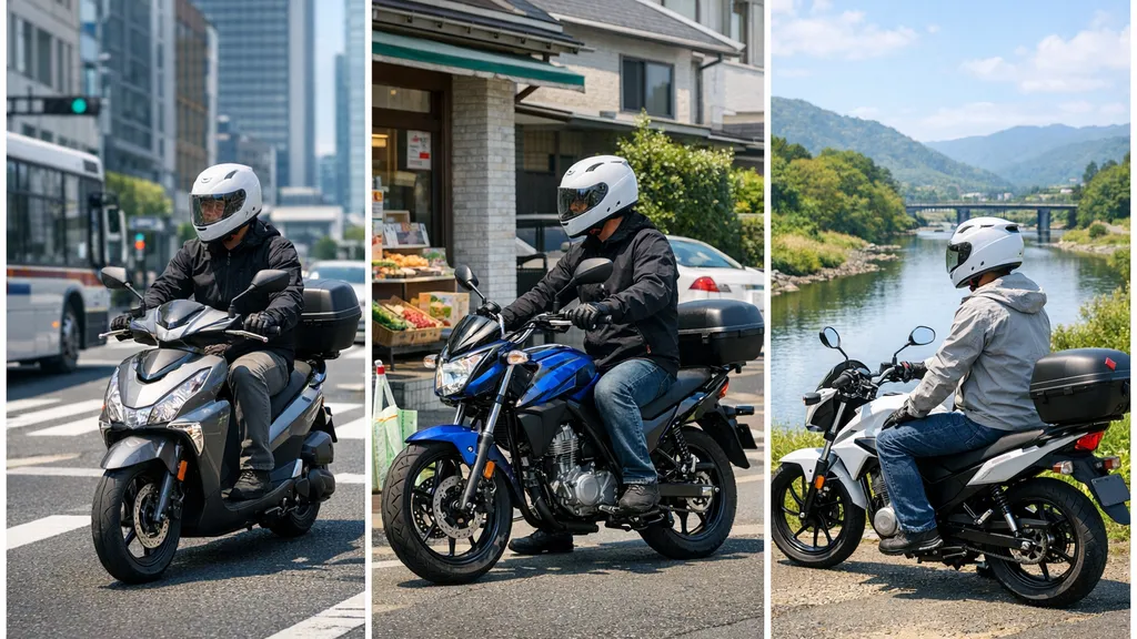 通勤・買い物・週末の短距離ツーリングの場面を通して、用途と扱いやすさ、装備で最初の一台を選ぶ考え方を示す