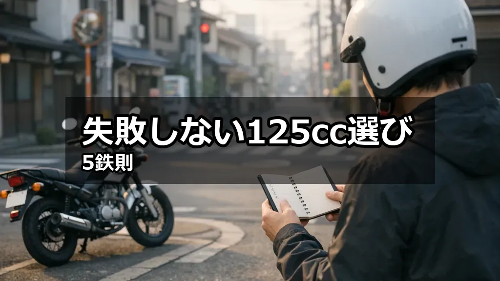 日本の街角で125cc以下クラスの小型バイクが停車し、ヘルメットを持った初心者ライダーが準備している様子