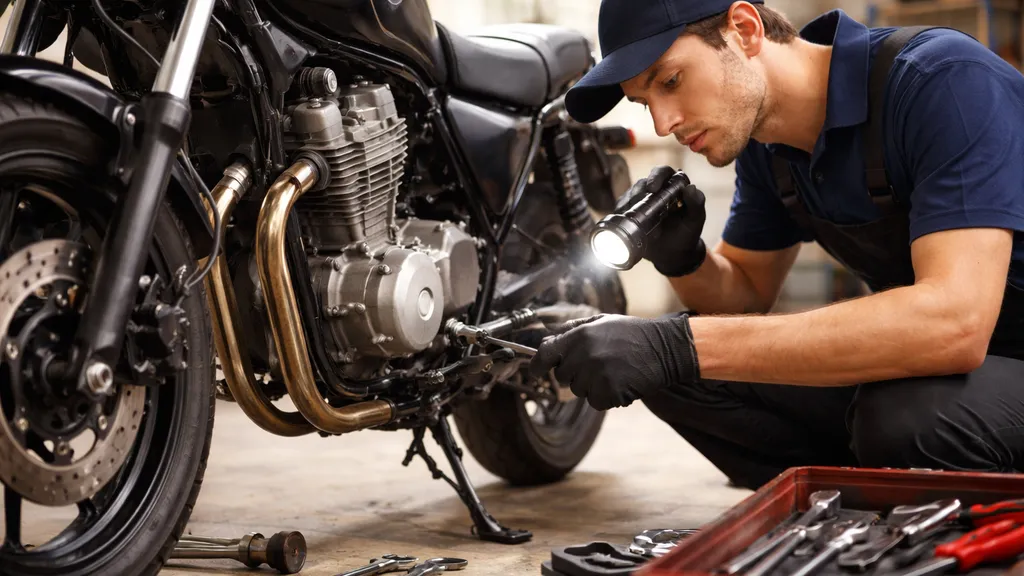 整備士が中古125ccバイクのエンジンやタイヤを点検しているクローズアップ