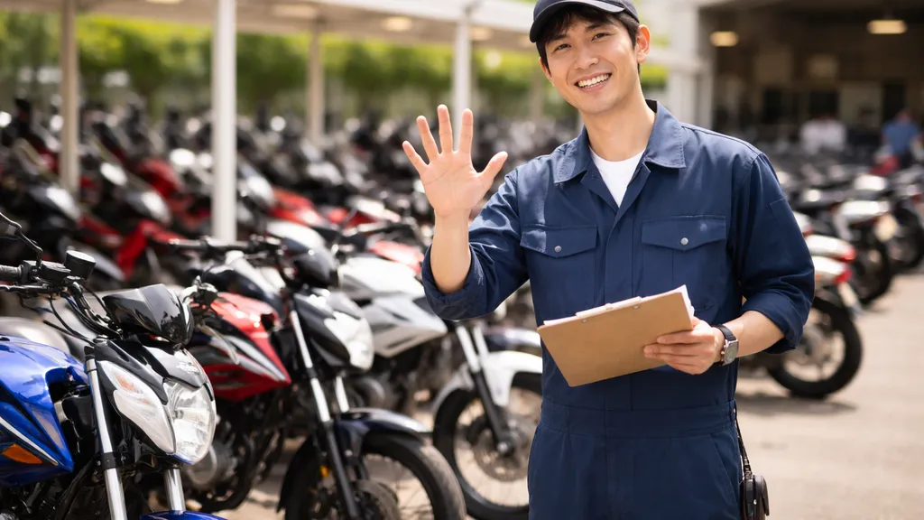 並ぶ中古125ccバイクと整備士が指差しで説明する選び方の風景