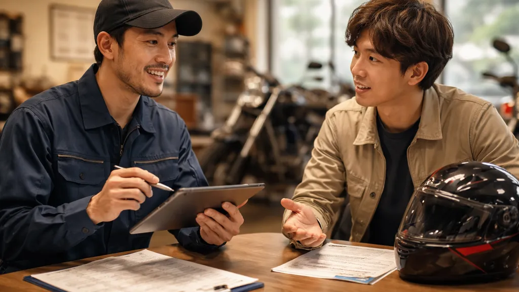 整備士がタブレットで整備費用を説明し初心者ライダーが相談している場面
