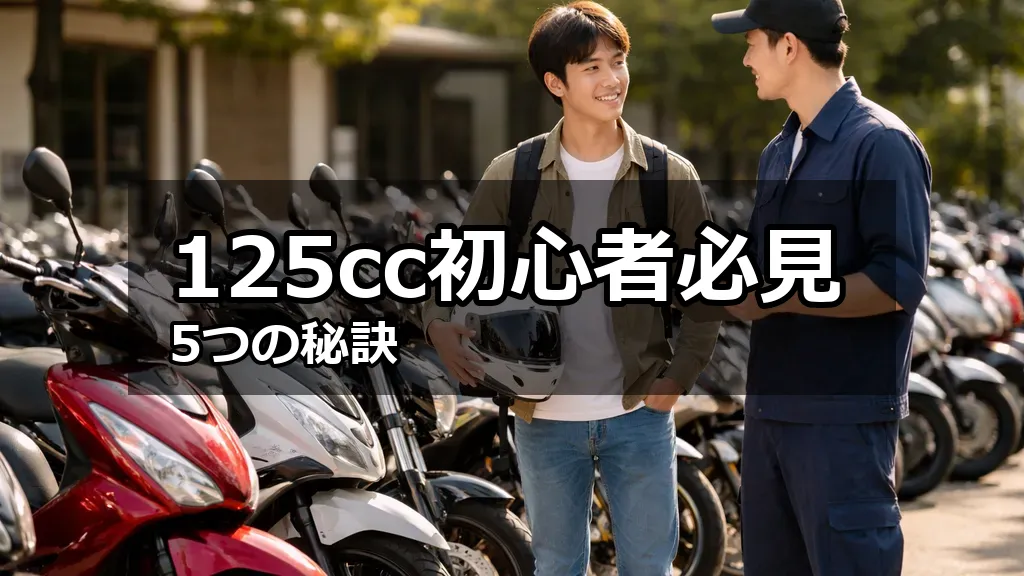 中古125ccバイクが並ぶ展示場でヘルメットを手に整備士と話す初心者ライダーの風景