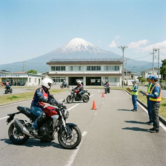 教習所でバイクの教習を受けている風景