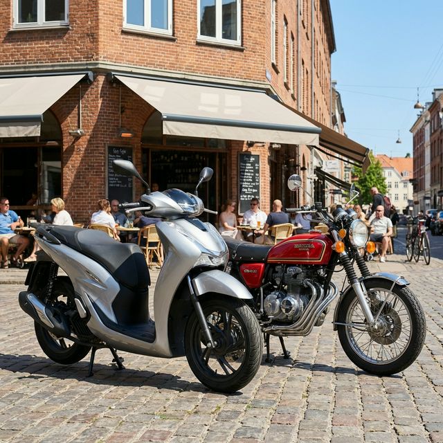 スクーター（AT）とネイキッドバイク（MT）が並んで停まっている様子