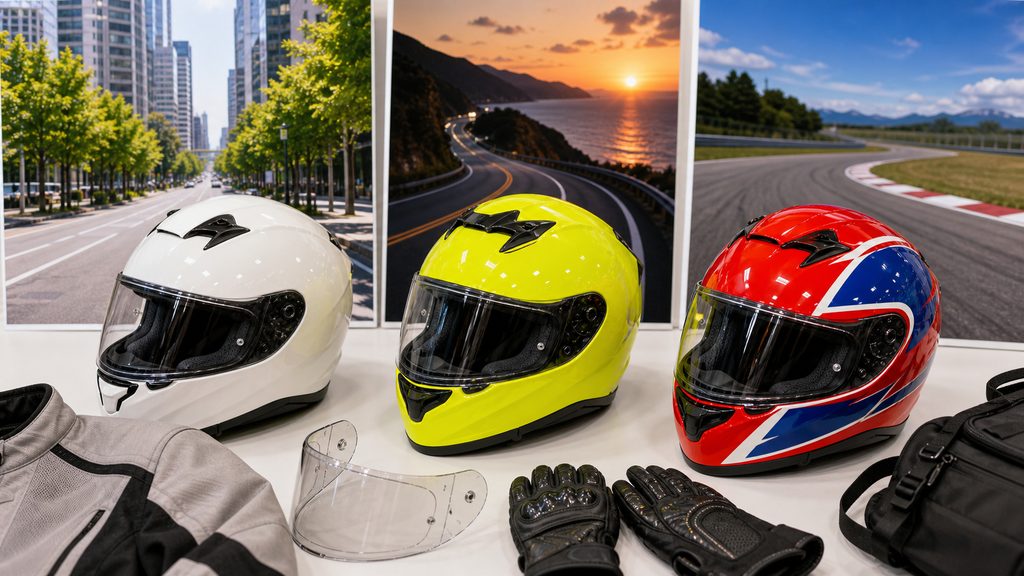 ヘルメット色と走行シーン別の選び方イメージ