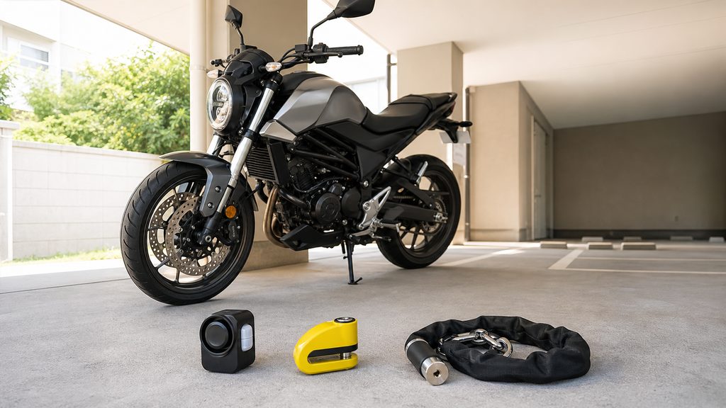 バイク保管時に防犯アラームが必要な理由を示すイメージ